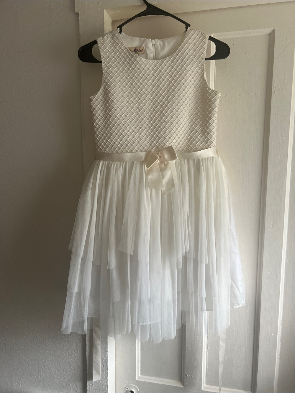 Purple Rose Ivory Quilted Bodice Tulle Party Dress with Satin Bow